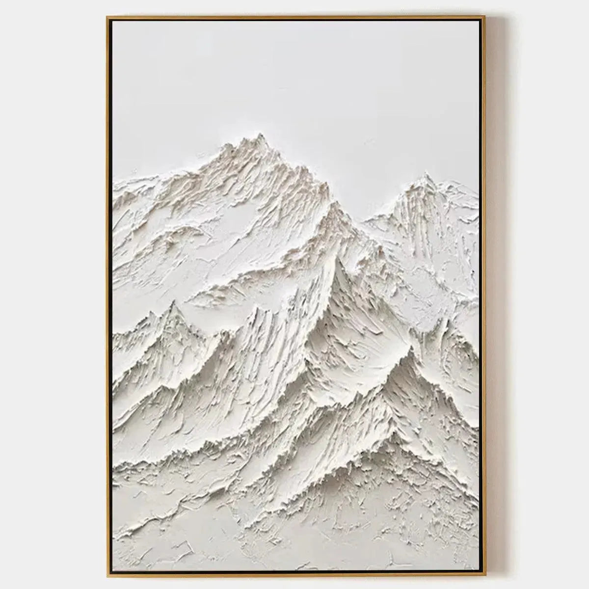 Textured white mountain painting with impasto, framed in gold. Liam O'Connell artwork.