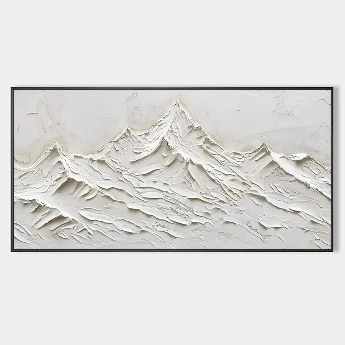 Textured minimalist abstract mountain painting in white by Javier Ramirez, showcasing heavy impasto texture and sharp peaks.