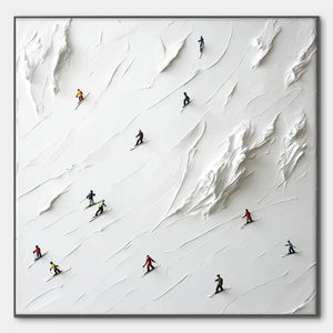 Minimalist Skiing Painting on Textured Square Canvas