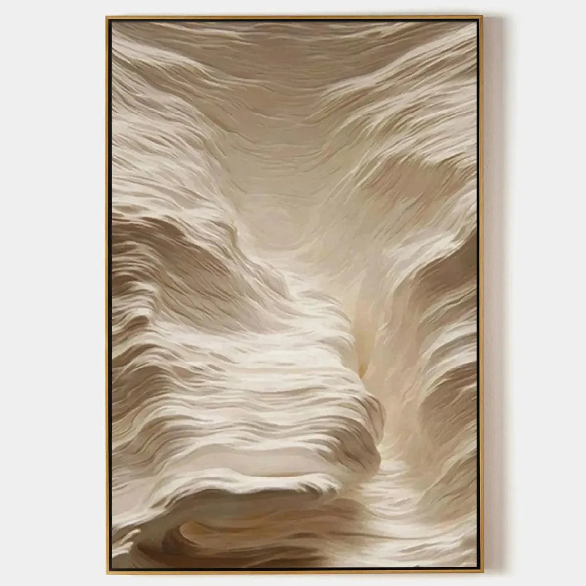 White Sand Dunes: Textured abstract landscape painting by Javier Ramirez, vertical wall art in off-white hues, framed.