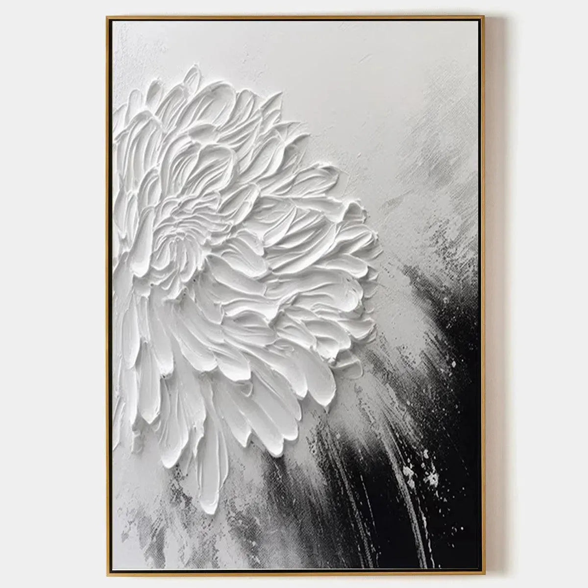 White Textured Bloom impasto painting with thick petals, gold frame, vertical wall art