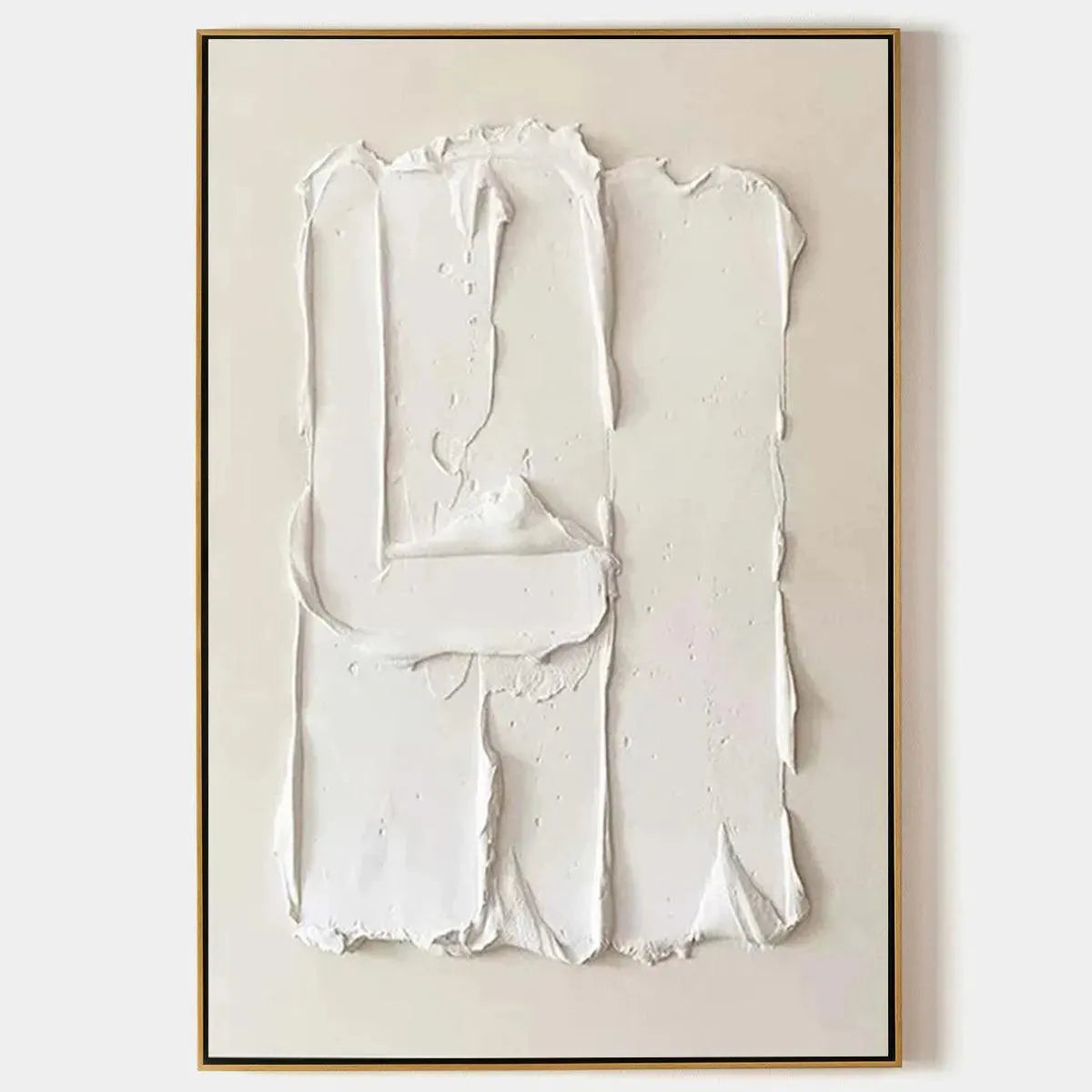 White Textured Relief by Liam O'Connell, abstract white painting with heavy texture and gold frame. Wabi Sabi style.