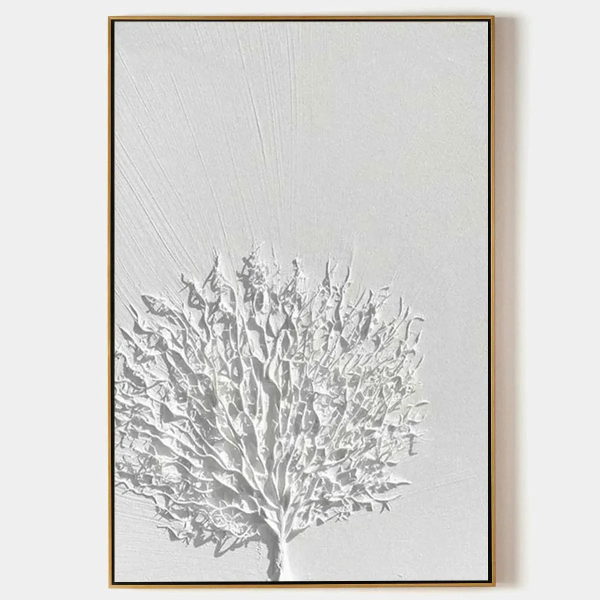 White Textured Tree art by Elodie Dubois: textured white tree in golden frame, perfect for modern spaces.