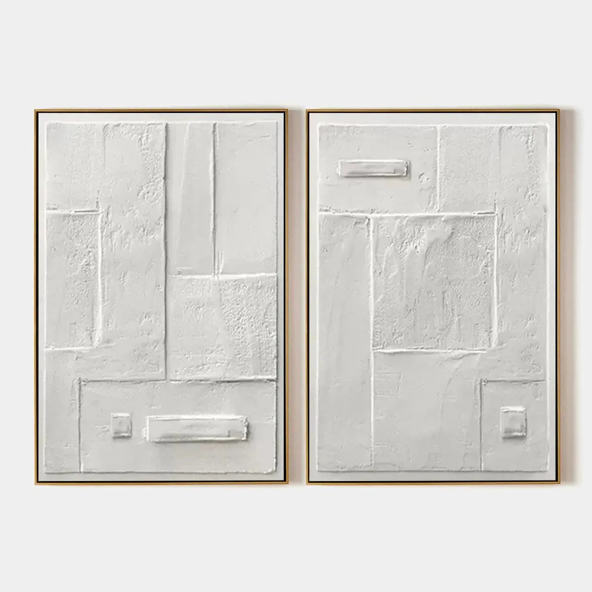 White Textured Squares Diptych by Javier Ramirez: Minimalist white textured painting set of 2, vertical wall art.