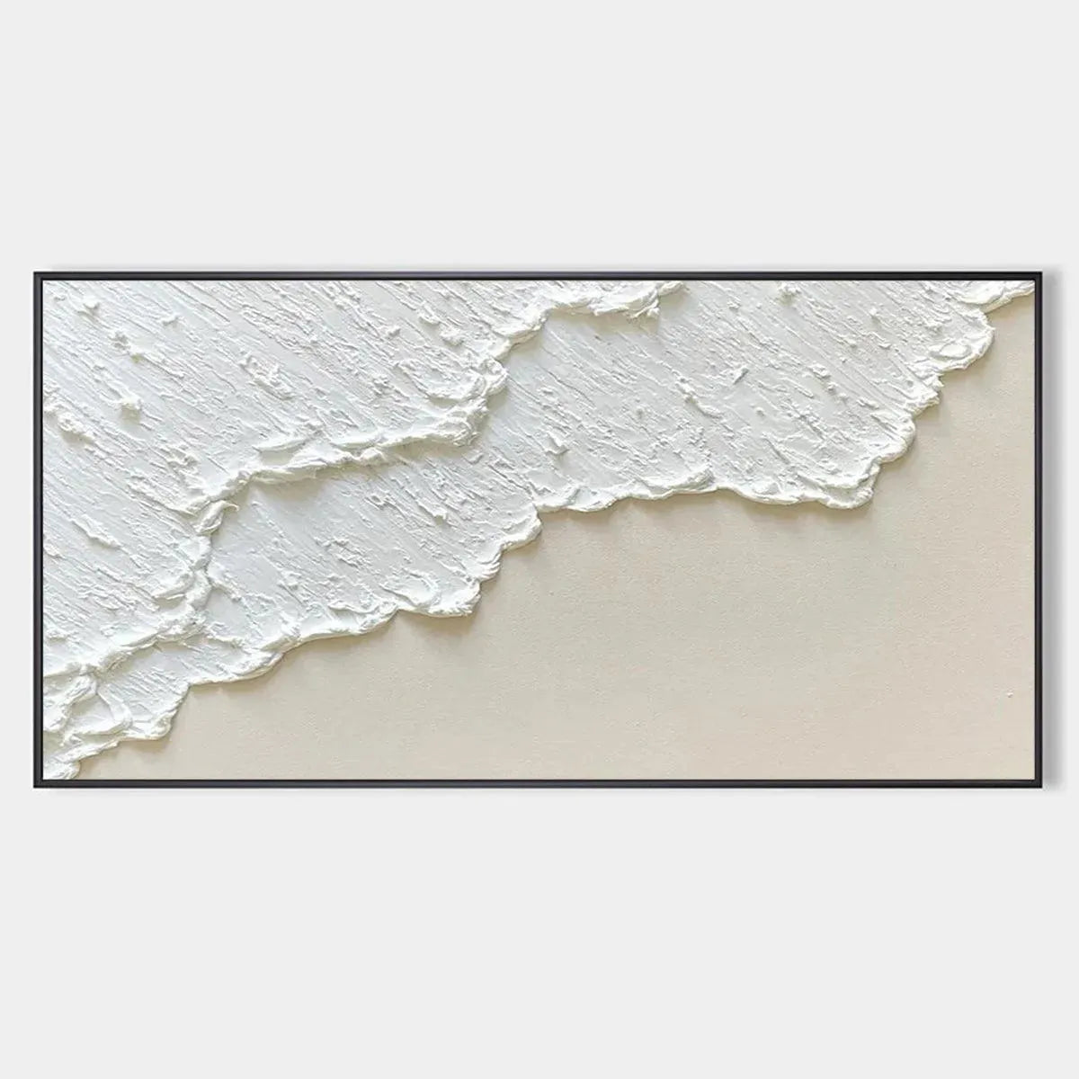 Original abstract painting "White Wave" by Liam O'Connell. Textured white waves, minimalist coastal art, beige background.