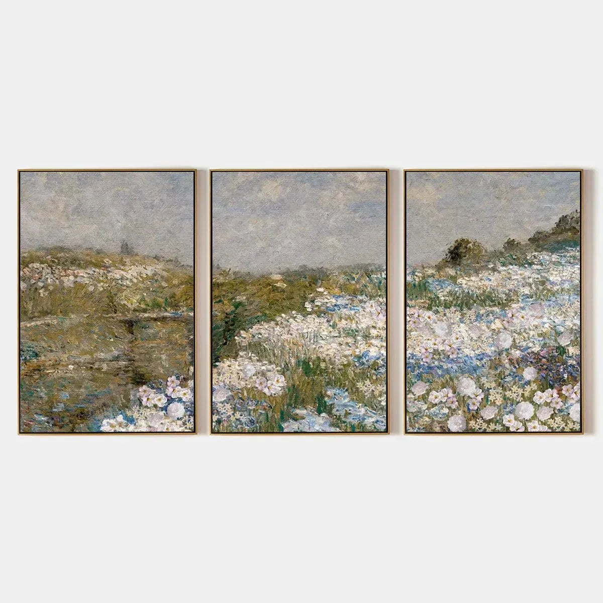 Impressionist triptych painting of a wildflower field in soft, muted colors.