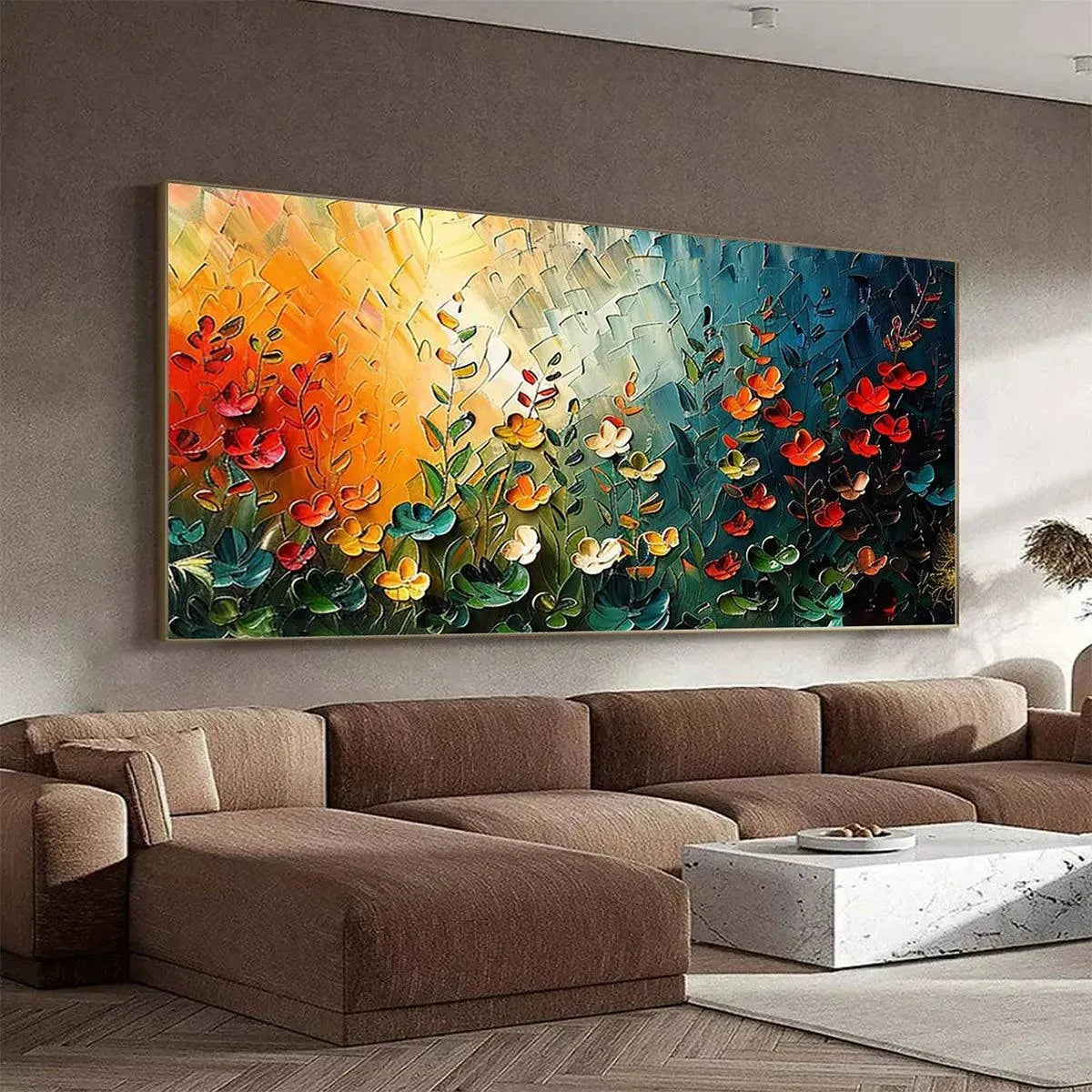 Textured abstract wildflower meadow painting with vibrant flowers in a modern living room.