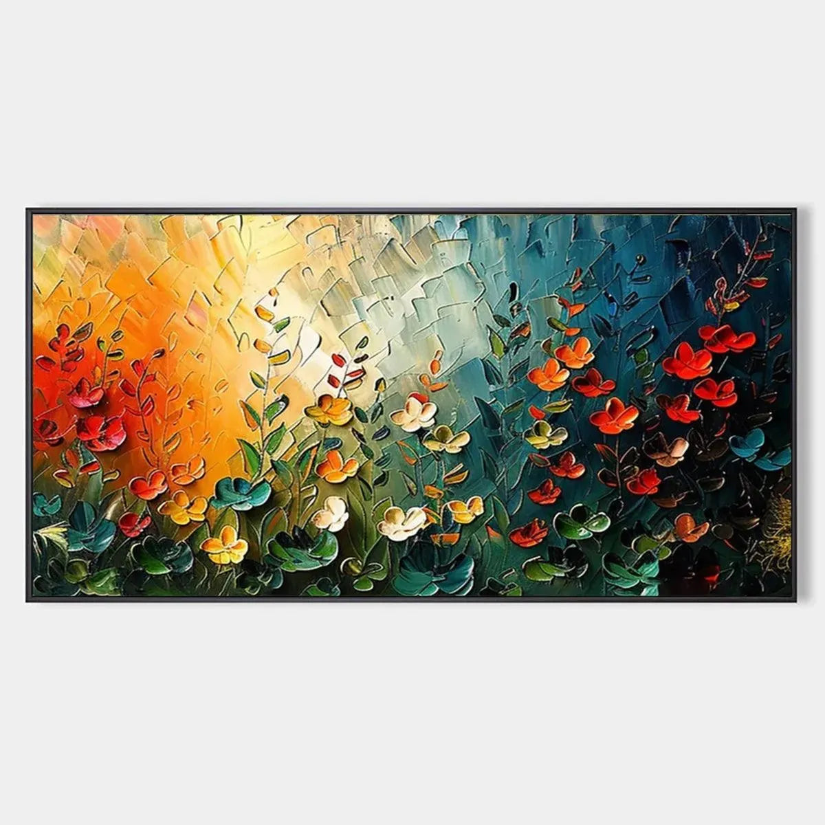 Textured panoramic wildflower meadow painting with vibrant floral elements and gradient background.