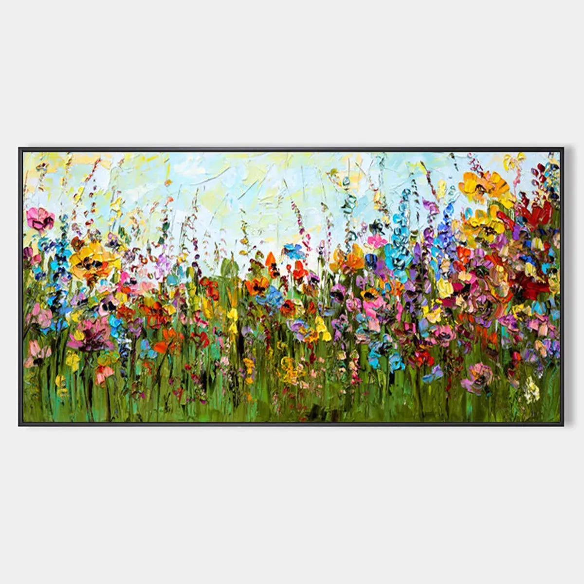 Wild Bloom Meadow: Panoramic Impasto Wildflower Oil Painting on Canvas