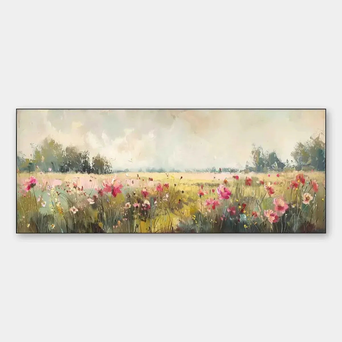 Original oil painting of wildflower field with pink and green landscape, panoramic wall art.