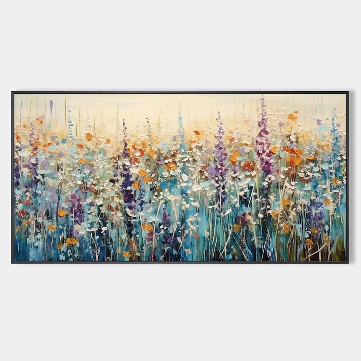 Textured impasto wildflower meadow painting with vibrant purple, orange, and white blooms.