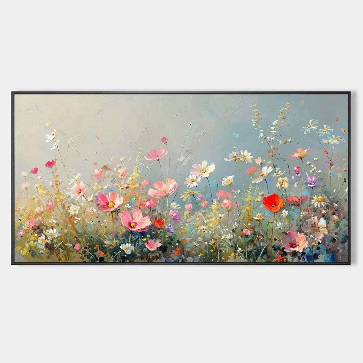 Wild Meadow panoramic painting by Isabella Rossi with pink, white, red wildflowers, impasto texture.