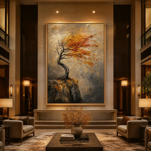 Large-scale textured oil painting of a windswept autumn tree, serving as a focal point in a luxurious hotel lobby.