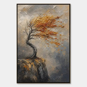 Windswept autumn tree painting with textured gray background and orange leaves