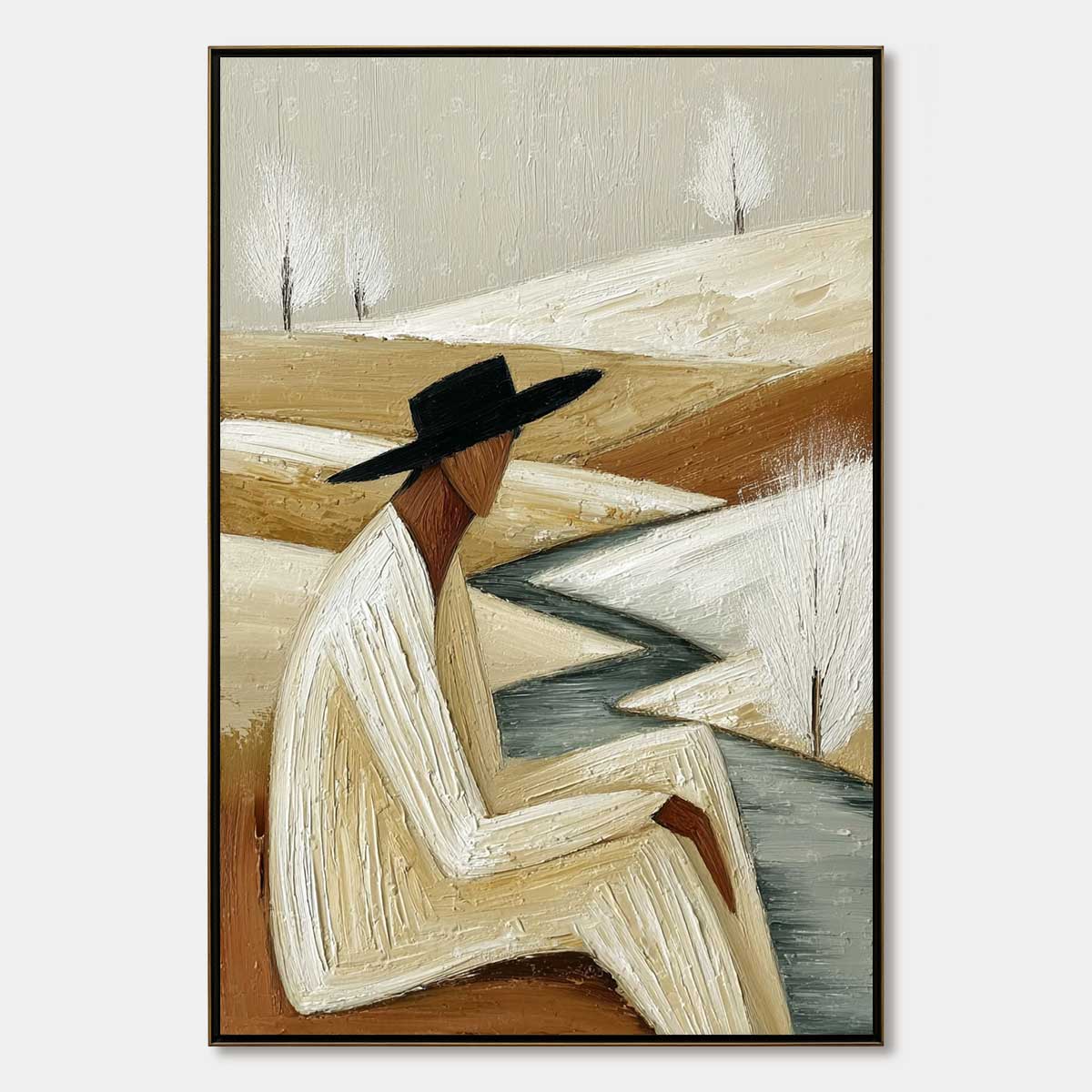 WINTER'S REPOSE: Textured Minimalist Figurative Landscape Painting