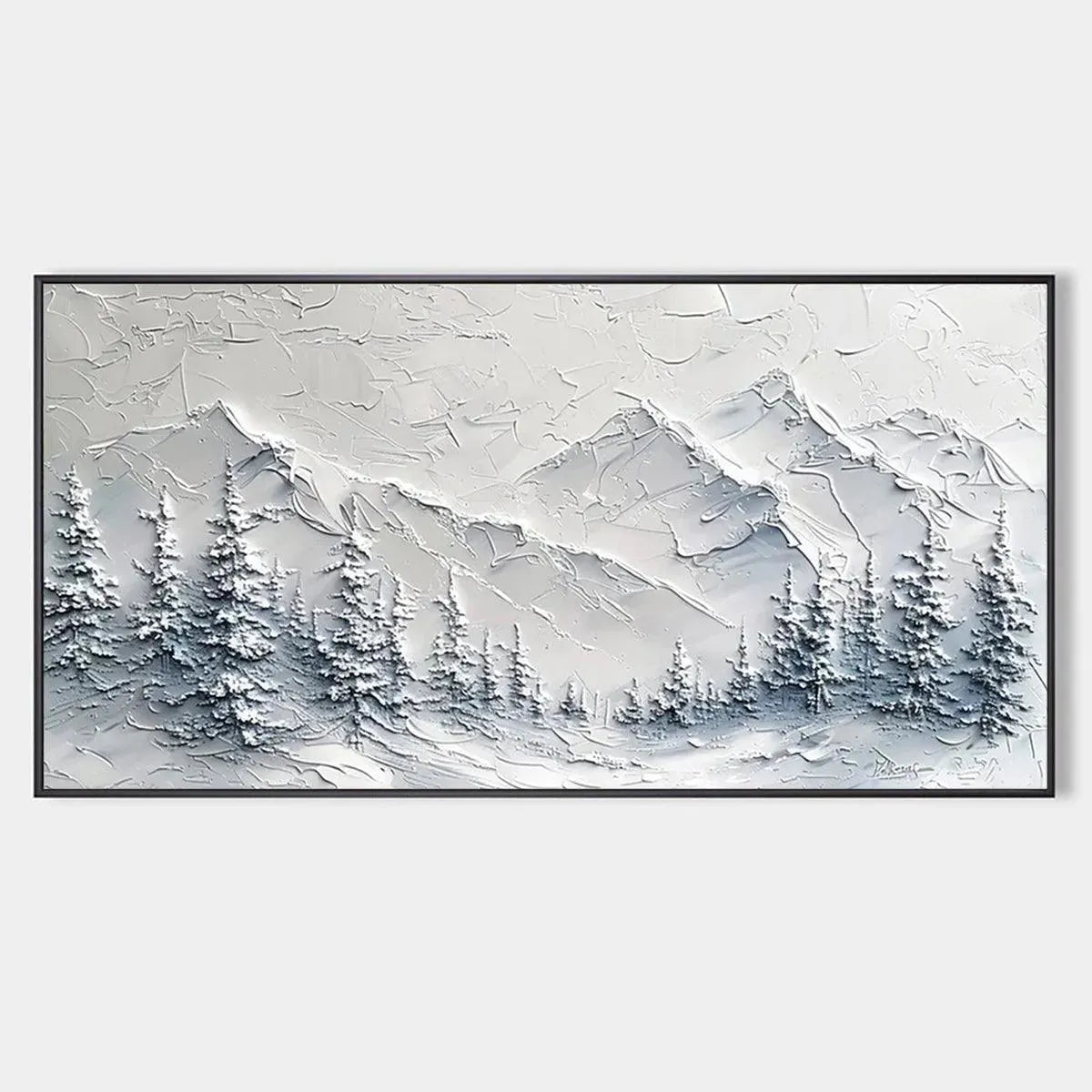 Winter's Embrace textured mountain landscape painting by Liam O'Connell, winter art, framed. Evokes serene winter ambiance.
