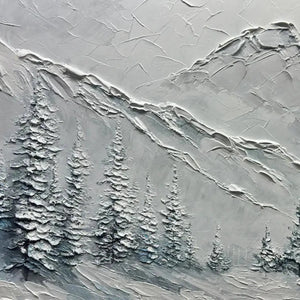Winter's Embrace painting by Liam O'Connell: textured snow mountain landscape with winter pines, tranquil winter art.