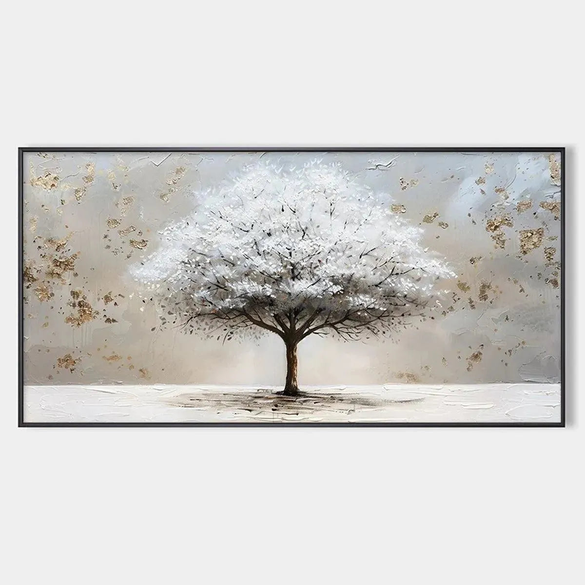 Textured white tree painting with gold accents on beige background, Liam O'Connell artwork for living room decor.