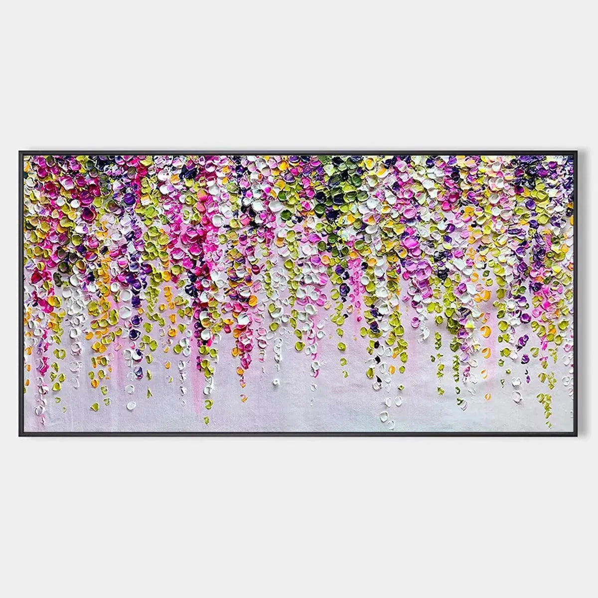 Textured impasto painting of cascading pink, purple, green wisteria blossoms. Horizontal floral artwork.
