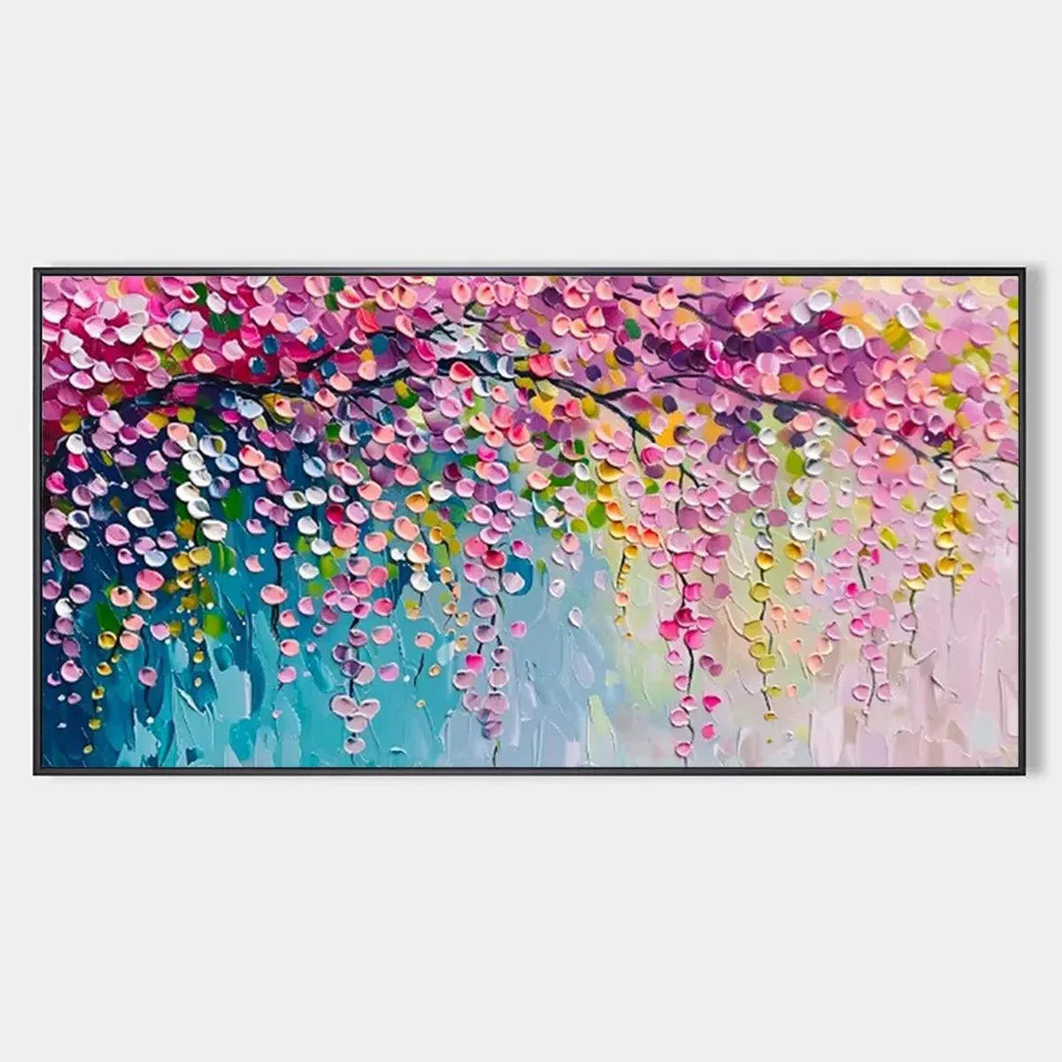Wisteria Cascade art by Elodie Dubois: Impressionist painting of cascading pink and purple blossoms, horizontal wall art.