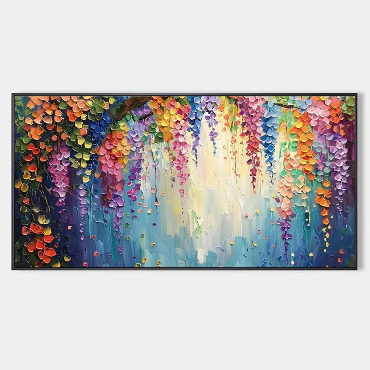 Textured impressionist painting of cascading wisteria in vibrant rainbow colors, panoramic wall art