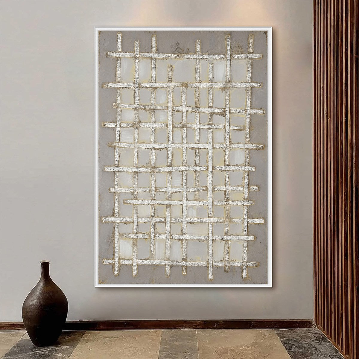 WOVEN TRANQUILITY: Minimalist Textured Beige Abstract Oil Painting