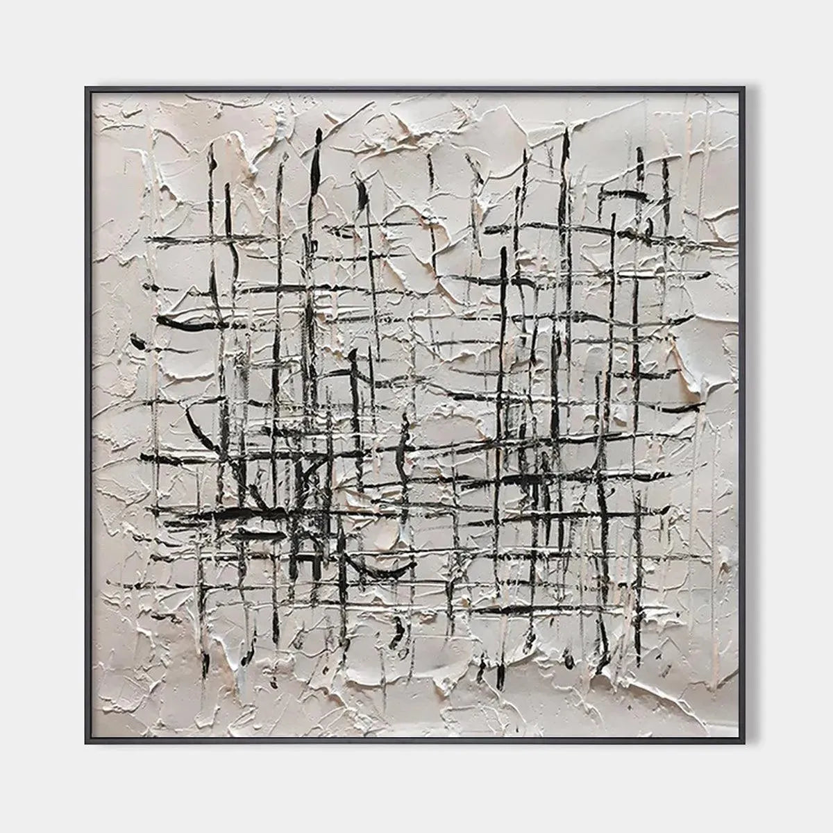 WOVEN LINES: Textured minimalist abstract painting in black and white by Javier Ramirez, modern art for living room or office