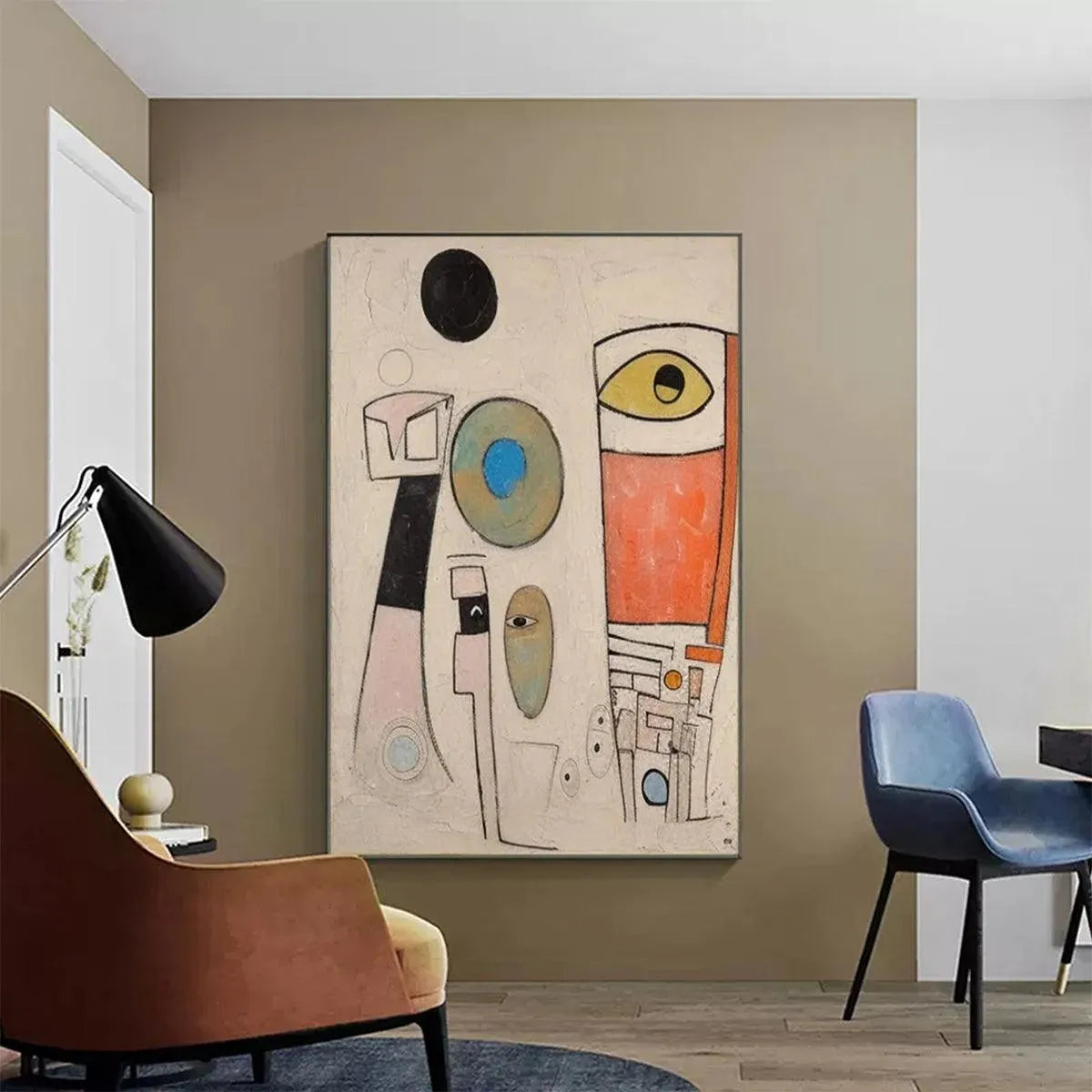 Whimsical Forms vertical abstract painting by Willow Davies. Modern wall art with bold colors in gold frame.