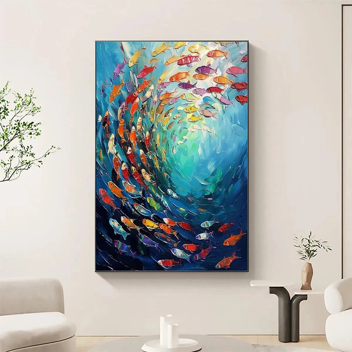 Willow Davies' vibrant impasto oil painting 'Whirlpool of Fish' with colorful swirling fish in a modern living room.