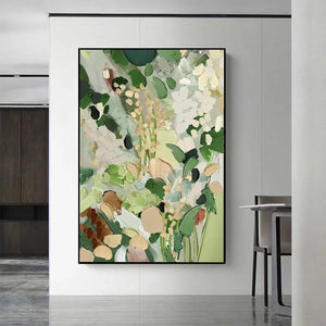 Textured abstract floral painting 'Whispering Meadow' in green, gold, white with impasto brushstrokes in modern interior.