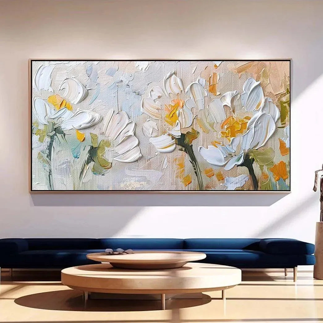 Elodie Dubois White Blossoms impasto floral painting, white and yellow flowers, original artwork