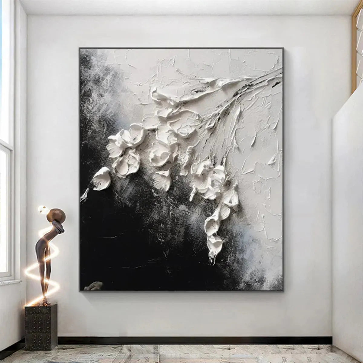 White floral impasto painting with thick 3D blooms on textured black and white background, Isabella Rossi artwork