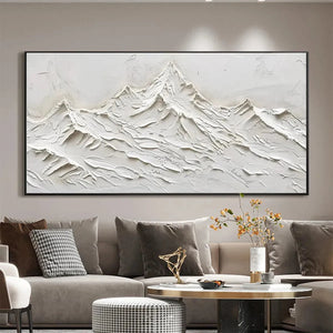 Javier Ramirez's White Mountains painting: textured white minimalist mountain art, framed, for modern home decor.