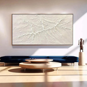 WHITE SANDS horizontal textured abstract painting above navy sofa, modern minimalist wall art.