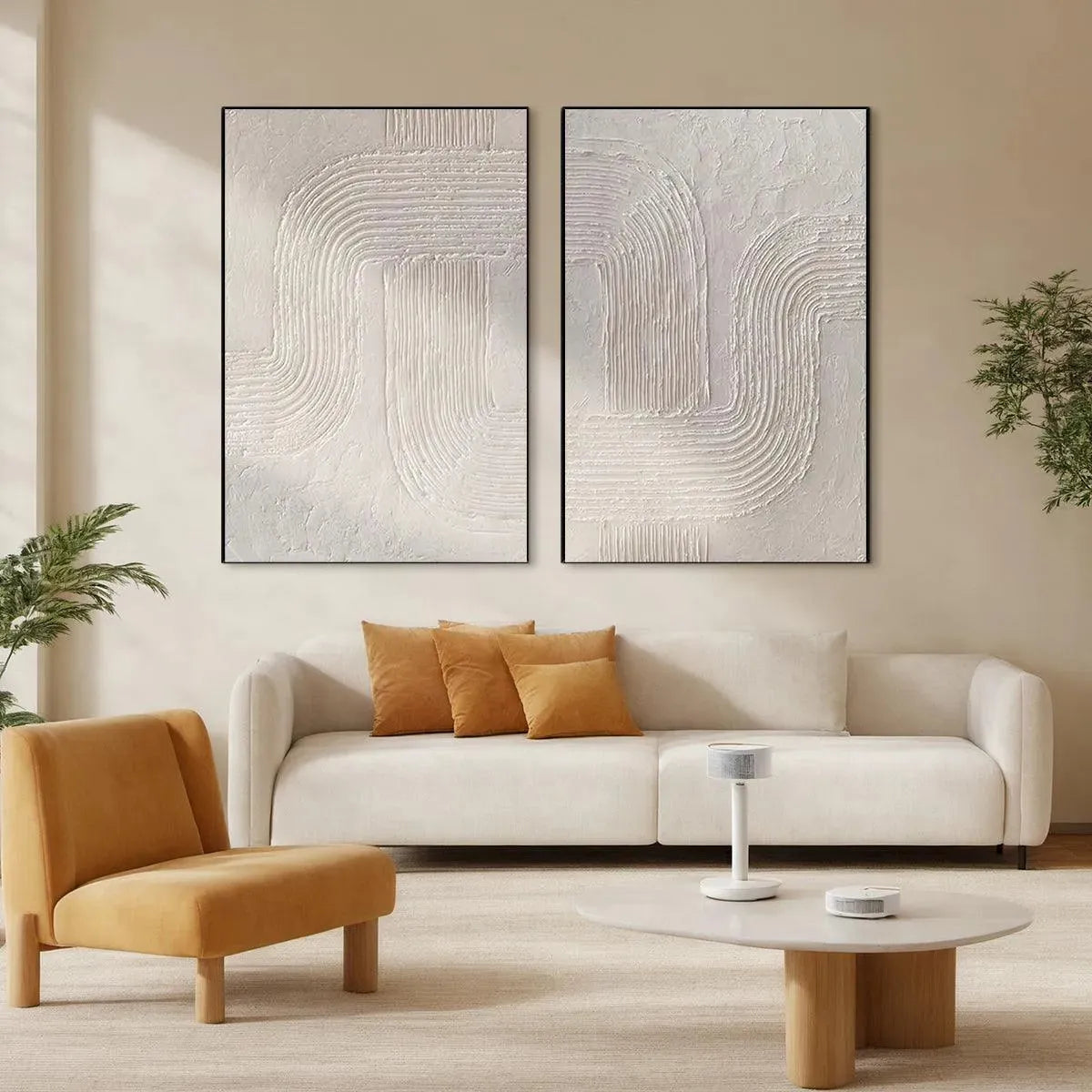 White Texture Duo by Javier Ramirez: Set of 2 white textured abstract paintings in black frames, modern art for home decor.