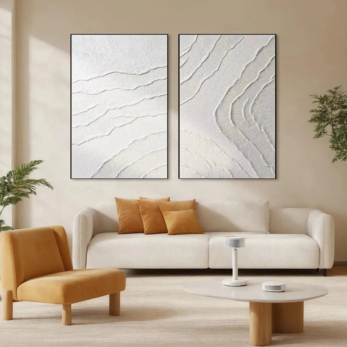 White Textured Lines Diptych by Isabella Rossi. Abstract white textured lines on canvas, black frame. Modern wall art.