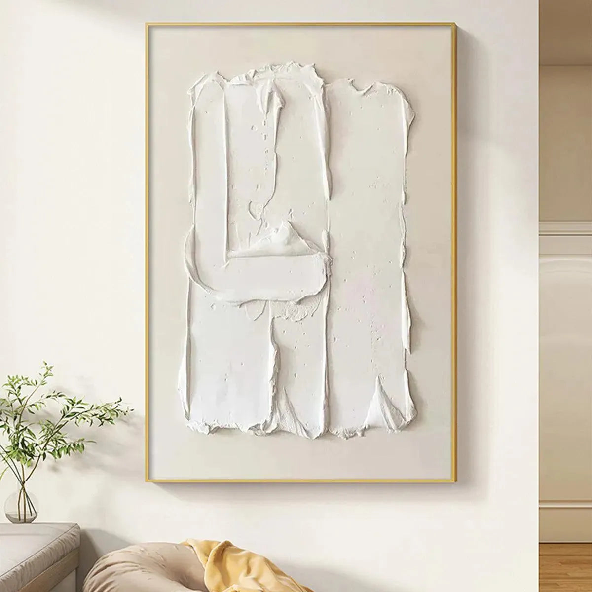 White textured abstract painting by Liam O'Connell, white texture, gold frame, Wabi Sabi style, modern home decor.