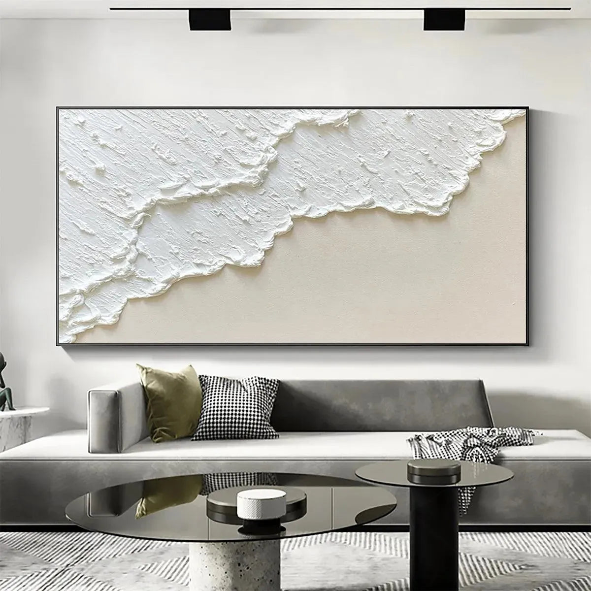 Liam O'Connell White Wave textured minimalist coastal abstract painting above modern sofa.