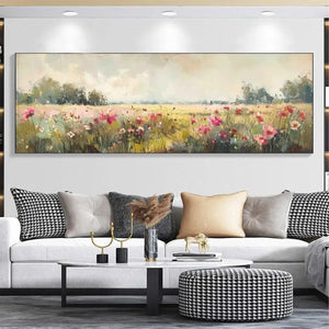 Panoramic wildflower field impressionist painting with pink flowers and yellow foliage above white sofa