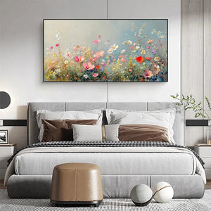 Isabella Rossi Wild Meadow painting: panoramic wildflowers in a gold frame, ideal for bedroom decor.