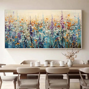 Isabella Rossi WILD MEADOW painting: Textured impasto wildflower meadow in a white frame. Home decor art for dining room.