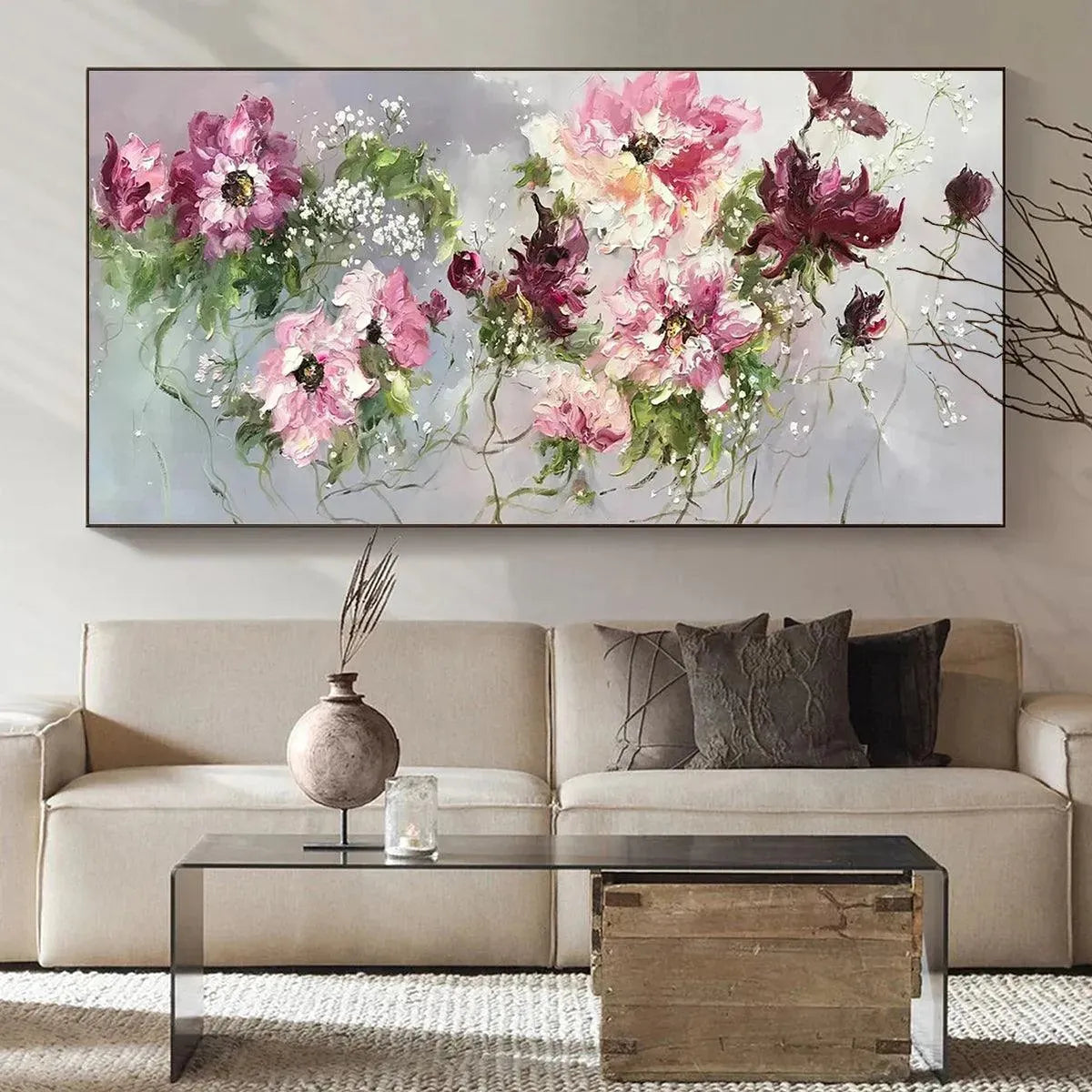 Wild Rose Whispers: Floral Painting | Panoramic Wall Art | Romantic Decor | Pink and Burgundy Flowers