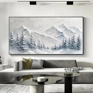 Winter's Embrace textured mountain landscape painting by Liam O'Connell, winter art, framed. Evokes serene winter ambiance.