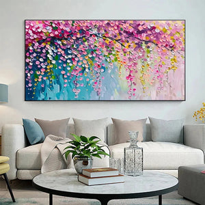 Wisteria Cascade art by Elodie Dubois: Impressionist painting of cascading pink and purple blossoms, horizontal wall art.