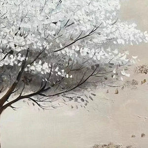 Close-up of WINTER'S GRACE textured painting, showing a white tree with gold accents on beige. Liam O'Connell abstract art.