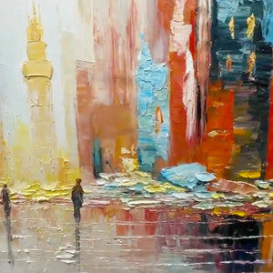 Javier Ramirez City Market painting detail: vivid impasto textures, colorful buildings, and reflective wet street.