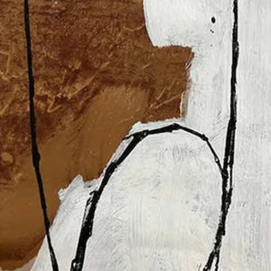 Close-up of brown & white abstract diptych wall art featuring textured paint and bold black lines by Javier Ramirez.