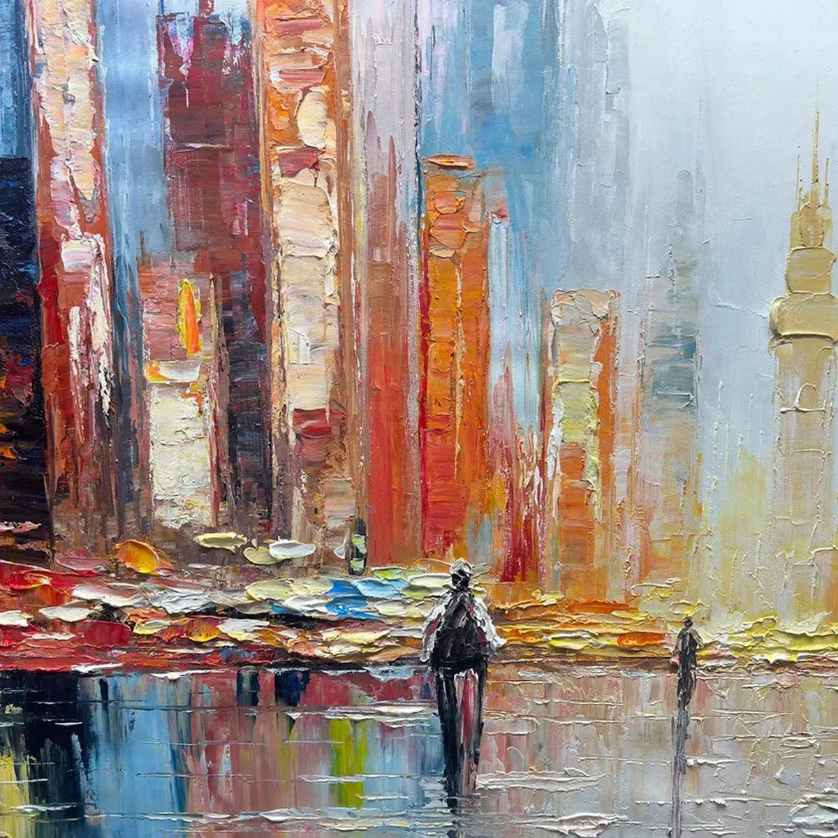 Javier Ramirez's City Market oil painting: vibrant impasto cityscape with colorful textured buildings & reflective street.