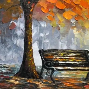 Impasto oil painting: autumn park bench, vivid orange foliage, thick textures on grey wet-look background.