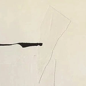 Minimalist abstract diptych: black geometric form on beige, with subtle grey lines showcasing details and composition.